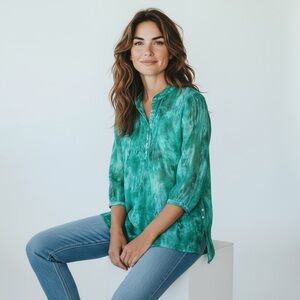 Chico's Summer 3/4 Sleeve Button Up Sheer Tie Dye Blouse, Size 2